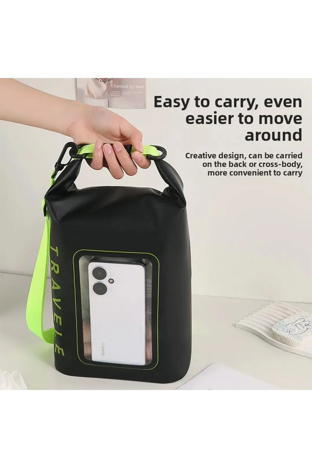 Αδιάβροχη Τσάντα / Dry Bag Υδατοστεγής με Παράθυρο για Κινητό & Ιμάντα (Μαύρο/Λαχανί) - Sharks Bay