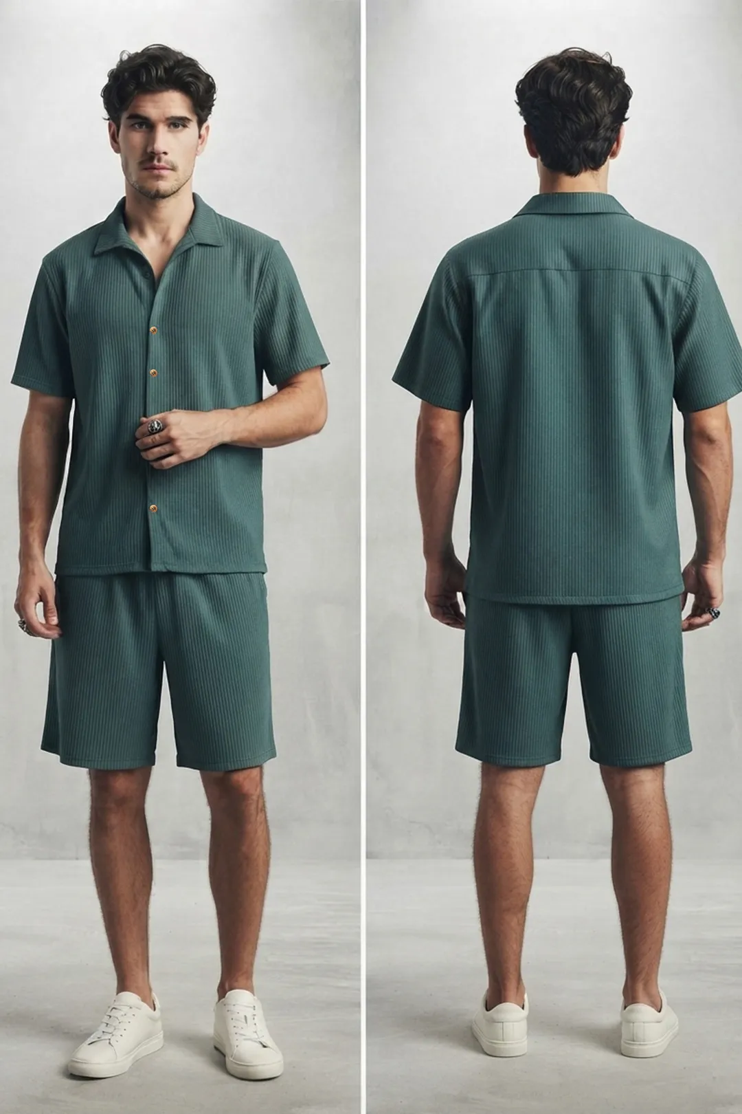 Ανδρικό Πλισέ Σετ Πουκάμισο & Σορτς Sharks Bay Clothing (Σκούρο Πράσινο / Forest Green)