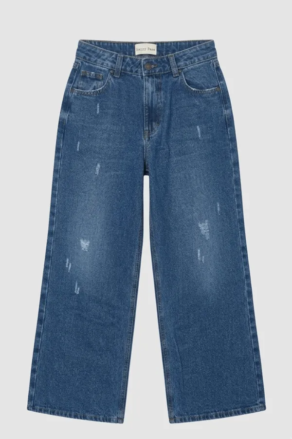 Meet Me At The Sunset Γυναικείο Τζιν Παντελόνι Φαρδύ Wide Leg / Baggy με Κανονικό Καβάλο & Φθορές (by Sharks Bay) - Vintage Blue Stonewash