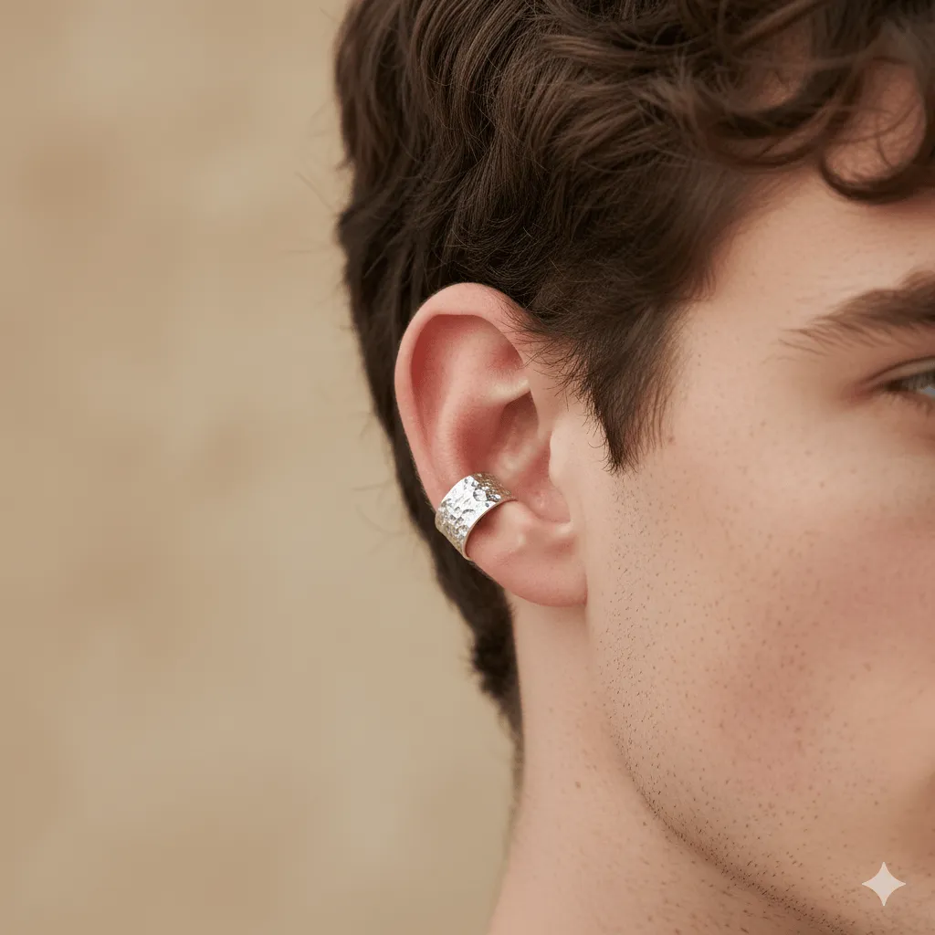 Sharks Bay Clothing Ασημί Ear Cuff με Ανάγλυφη Υφή από Ατσάλι (Σκουλαρίκι Κλιπ) 1τεμάχιο.