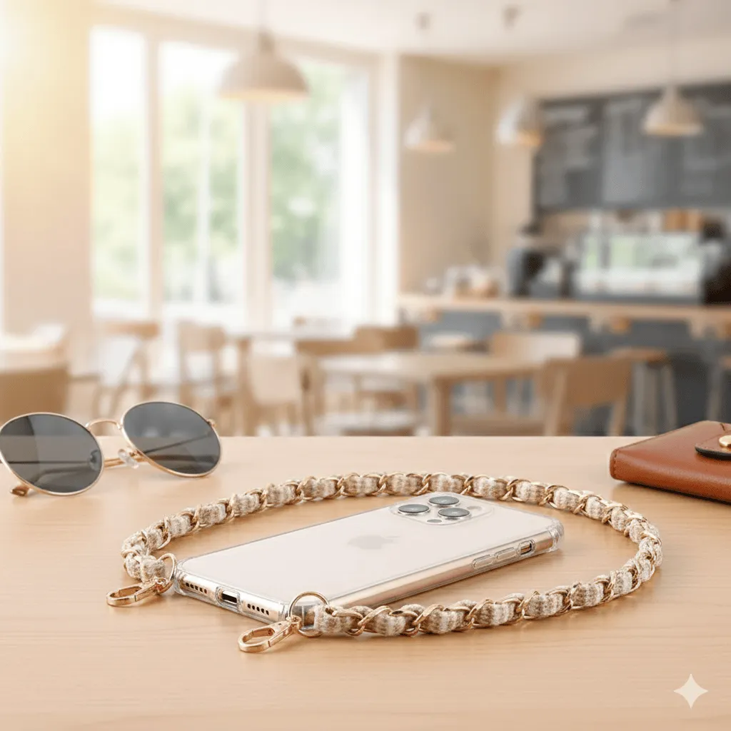 Meet me at the sunset Crossbody Αλυσίδα Κινητού – Χρυσό & Πλεκτό Beige/White