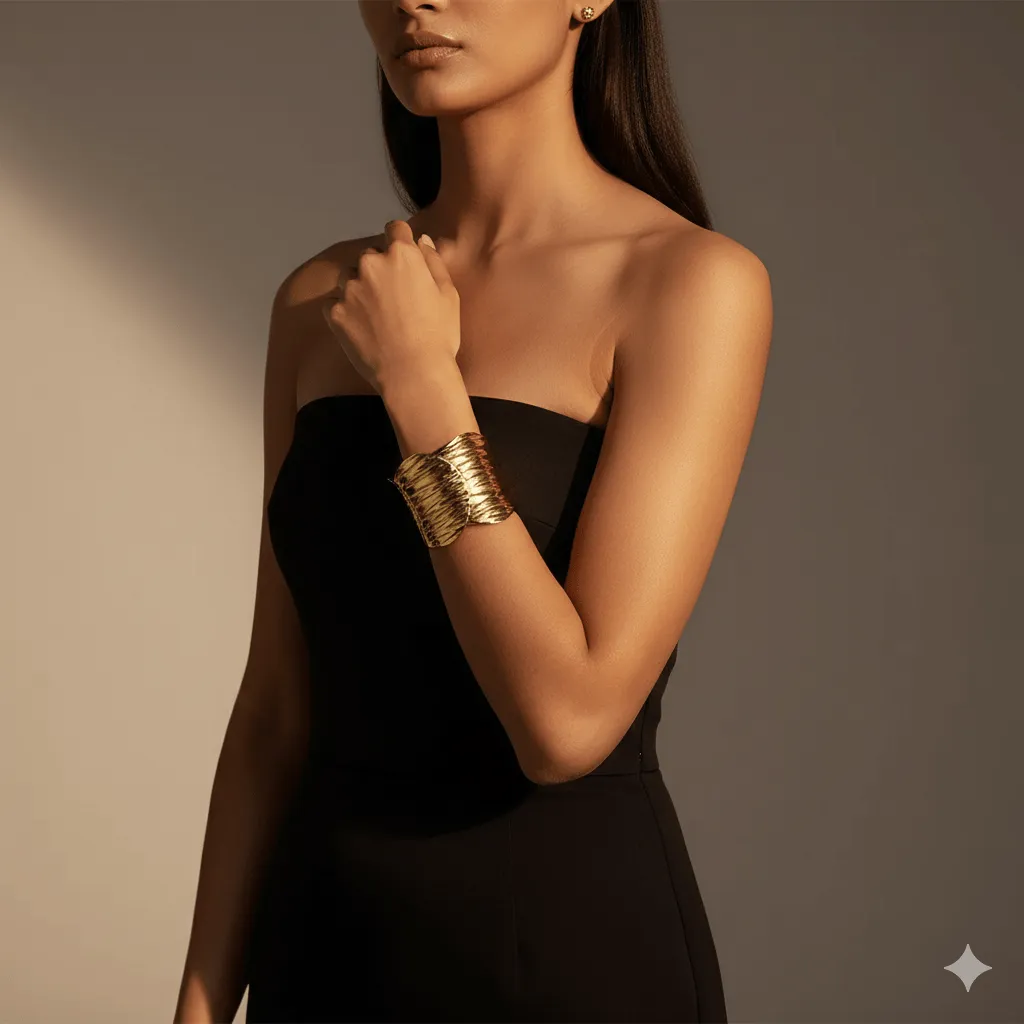 Χρυσό Βραχιόλι Cuff , Meet me at the sunset Statement- Φαρδύ με Ανάγλυφη Υφή.