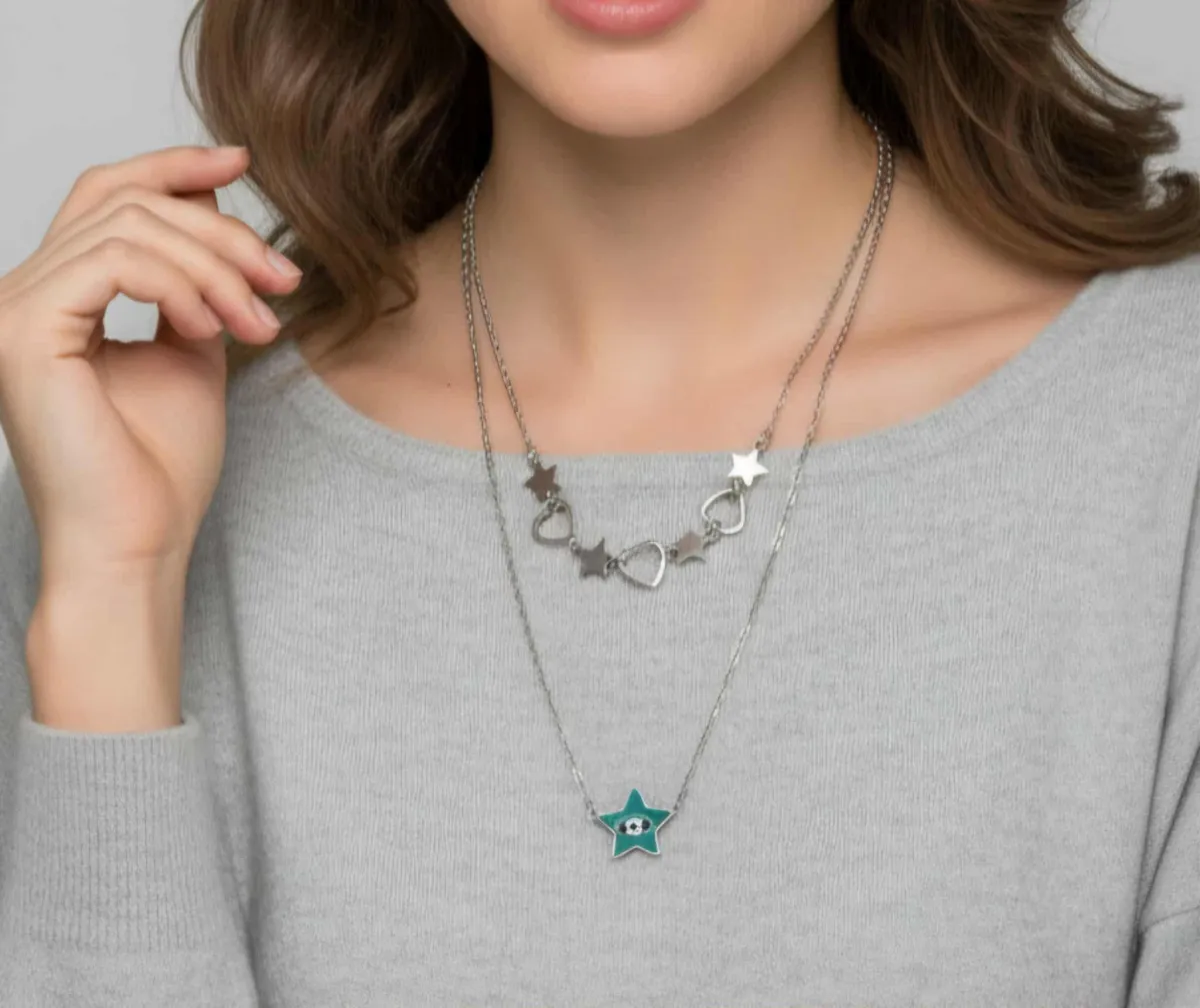 Meet me at the sunset, Γυναικείο Κολιέ με Διπλή Σειρά από Αστέρια από Ανοξείδωτο Ατσάλι - Ασημί.