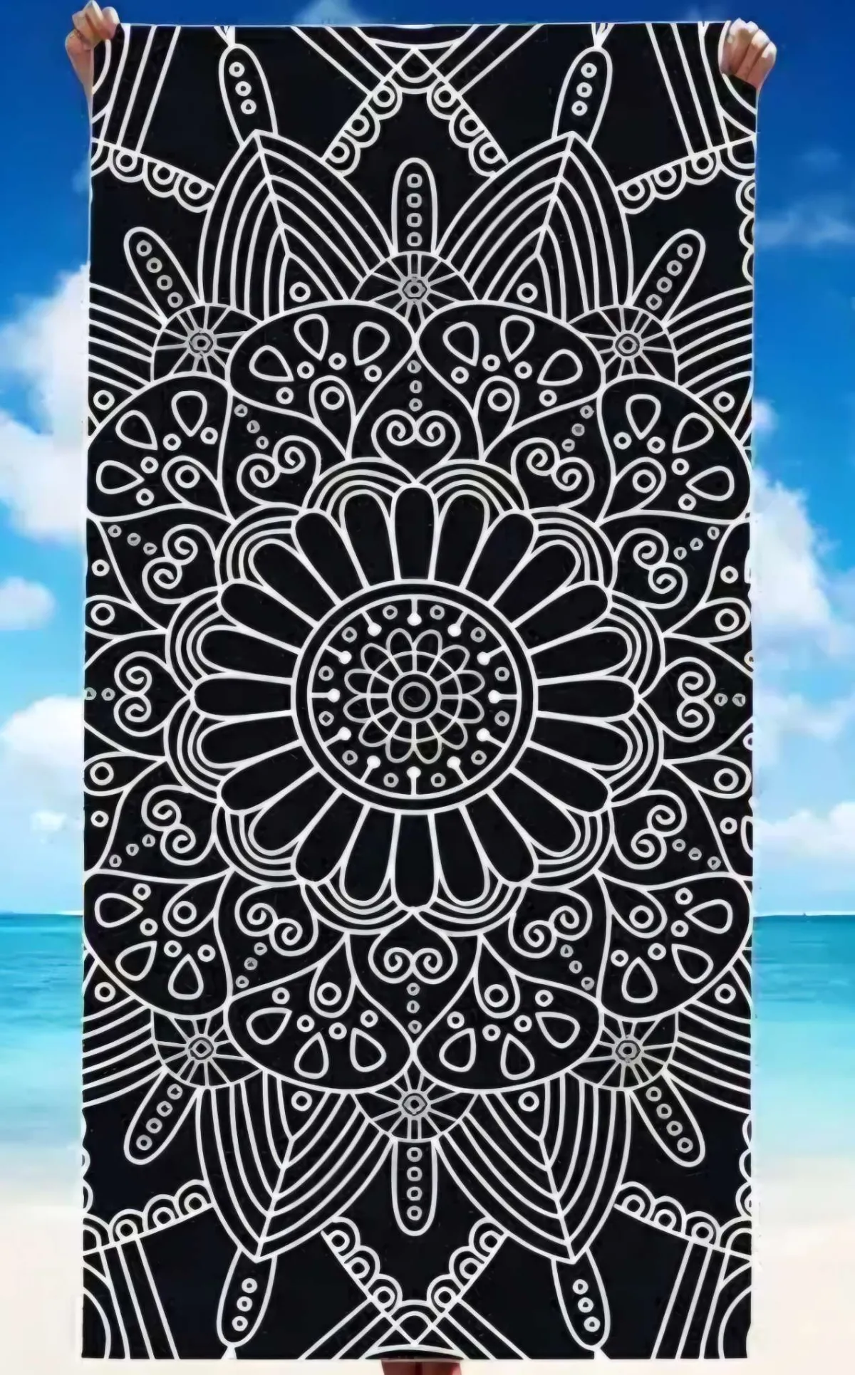 Sharks Bay Clothing Πετσέτα Θαλάσσης με Ethnic Μάνταλα Τύπωμα - Ασπρόμαυρη.